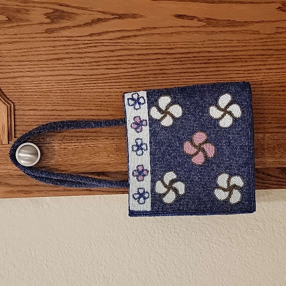 Beaded, blue and white/pink flower handbag, black satin lining. Perfect conditio